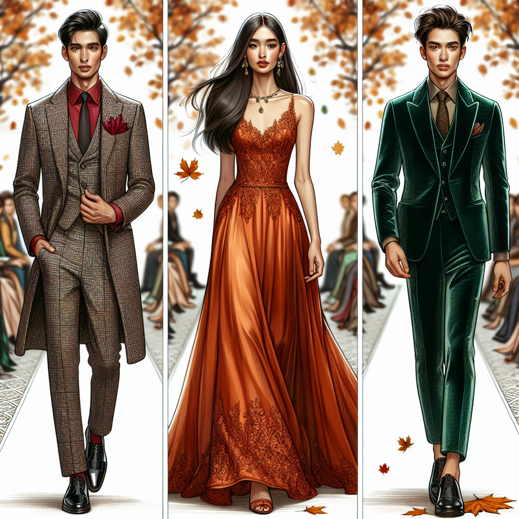 Depict a fashion show runway highlighting three must-have outfits for a fall wedding guest. In the first scene, show a South Asian man in an elegant tweed suit, paired with a crimson tie and shiny black shoes. The second scene should showcase a Hispanic woman wearing a long silk dress in deep orange color with an intricate lace bodice. The third scene would feature a Middle-Eastern non-binary individual in a velvet emerald green jumpsuit, complemented with golden jewelry. Finish with autumn leaves falling in the background for the seasonal touch.