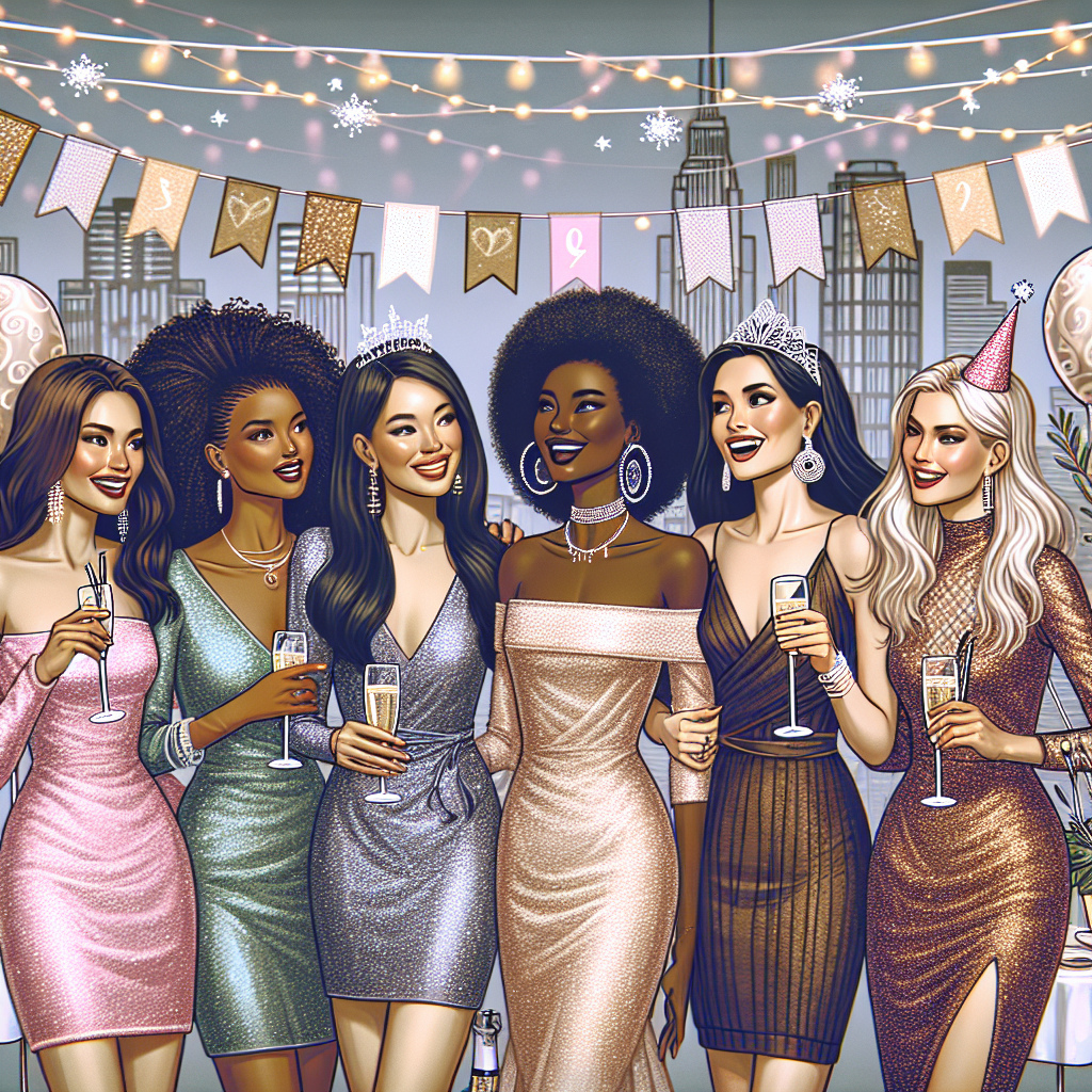 Must-Have Looks for Your Next Hen Party! An upscale bachelorette party scene with six women of diverse descents including Hispanic, South Asian, Middle-Eastern, Black, Caucasian, and East Asian. All women are wearing glamorous party dresses in a variety of styles and colors. The room they are in should have party decorations like banners, balloons and sparkling lights. One individual is holding a champagne flute and another is laughing, holding a celebratory proposal gear. The atmosphere should suggest joy, companionship and anticipation for the upcoming wedding. The background should include a city skyline view suggesting that the party is in a high-rise apartment.
