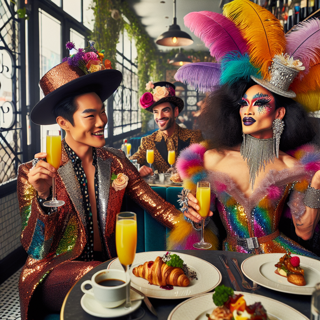 Stunning Outfits for Drag Brunch: Effortless Style Tips A vibrant and captivating scene at a brunch, in a stylish café. In the center, an Asian person is dressed in flamboyant drag attire—sequined jacket, feathered hat, and a bold, vivacious dress with a myriad of colors. They are holding a mimosa in one hand and a brunch plate in the other. To their right, a Hispanic person, also in dazzling drag attire—a fitted suit with statement ruffles, a top hat with flowers, and vibrant makeup—holds a flamboyantly decorated coffee cup. They are chatting, laughing, and exuding a sense of effortless style, confidence, and joy.