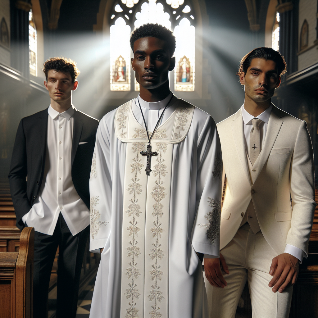 Stunning Baptism Attire for Men: Effortless Style An elegant image showcasing a variety of baptism attire for men. The central figure is a black man dressed in a white, embroidered baptismal robe. To his left, there's a Caucasian man dressed in a simple, crisp white shirt and black dress pants, with a subtle silver cross pendant around his neck. To his right, there's a Hispanic man in a tastefully understated, cream-coloured suit with a matching tie. The setting is the interior of a traditional church, with characteristic arched windows and wooden pews, sunrays pouring in from the stained glass, casting an ethereal glow on the men.