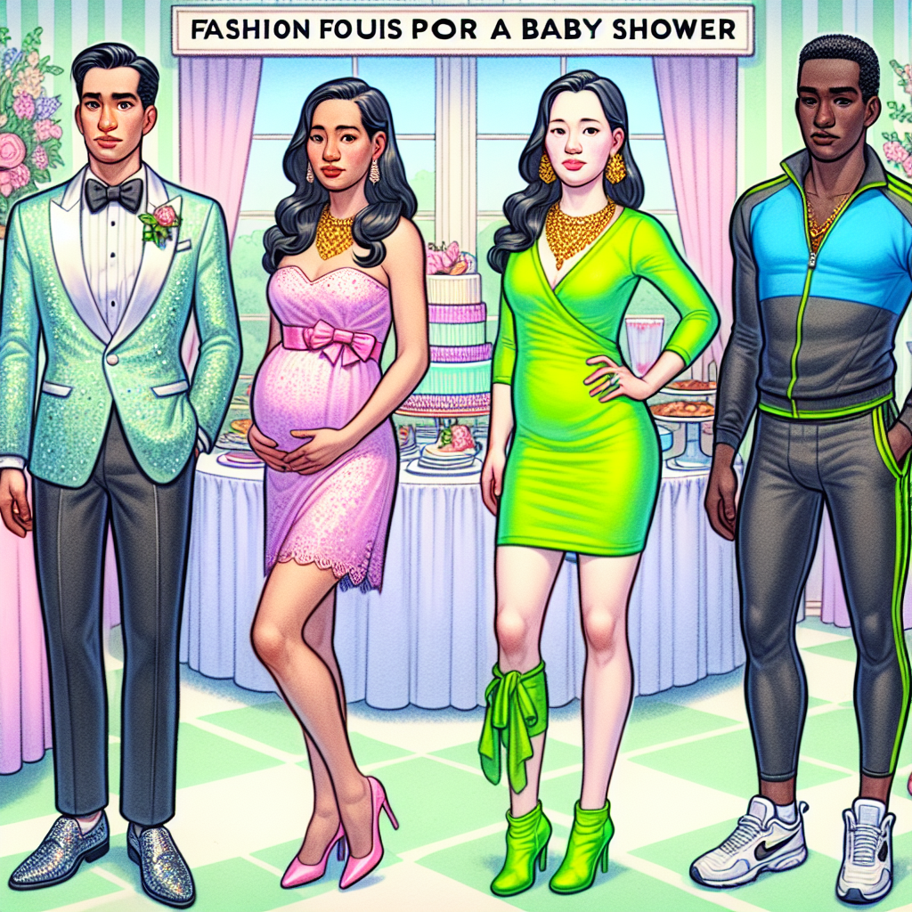 Envision a visually engaging and detailed scenario depicting several fashion faux pas for a baby shower. The first individual, a Hispanic man, is wearing a fancy tuxedo with shiny shoes, which is overly formal for such a casual event. The second person, an East Asian woman, is dressed in a bright neon green dress, which is too striking for the soft, pastel-themed occasion. The third person, a Black man, has opted for wear athletic attire, which is inappropriate for the event. Add subtle humorous elements to the scene to maintain light-heartedness.