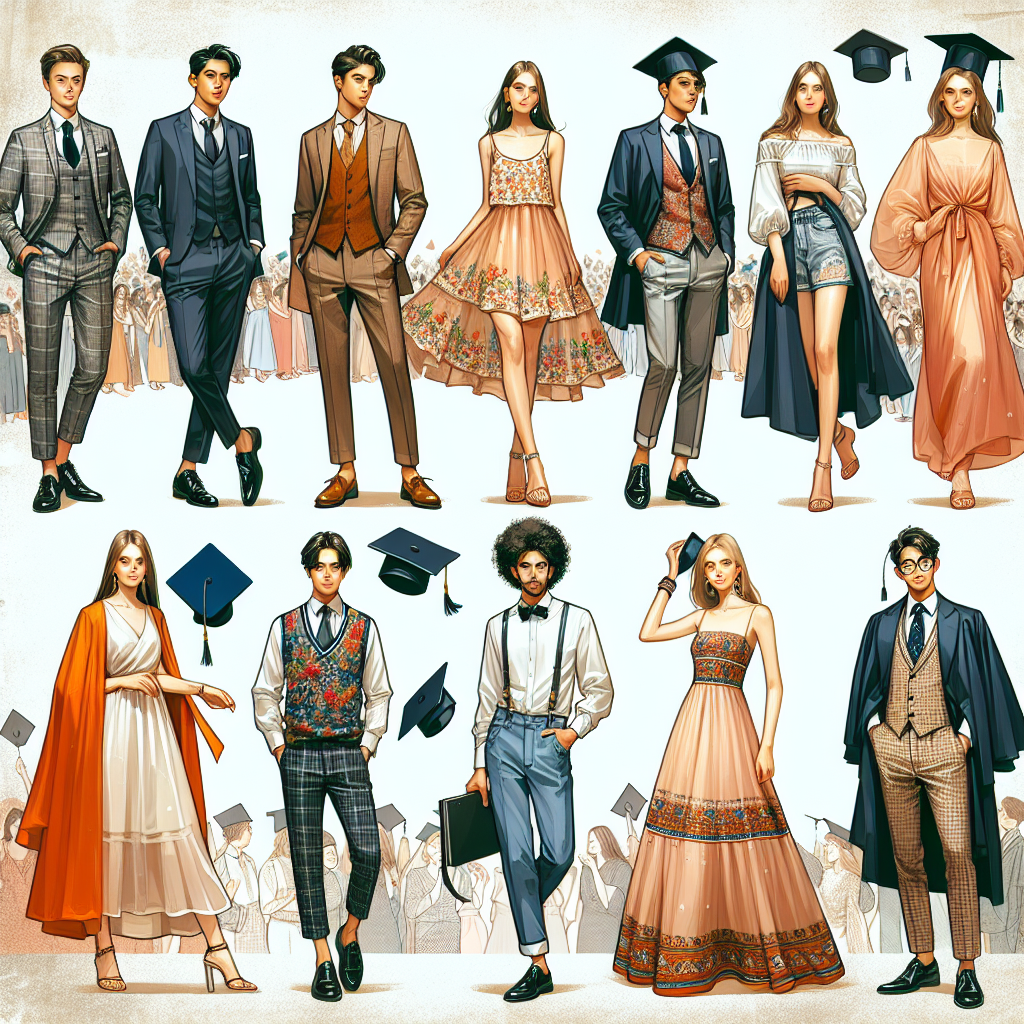 Stunning Graduation Guest Outfits for a Memorable Day Showcase a compilation of various elegant graduation guest attires. The outfits should range from formal to semi-casual suitable for a glorious day. They should include the likes of a sharp three-piece suit worn by a well-groomed Middle-Eastern man, a graceful sundress adorned by a stylish Hispanic woman, a quirky waistcoat and trouser combo worn by a trendy Caucasian teenager, and a traditional South Asian Saree graced by a confident, elder woman. Supplement the compilation with background elements like a festive crowd, graduation caps in mid-air and an atmosphere of grandeur.