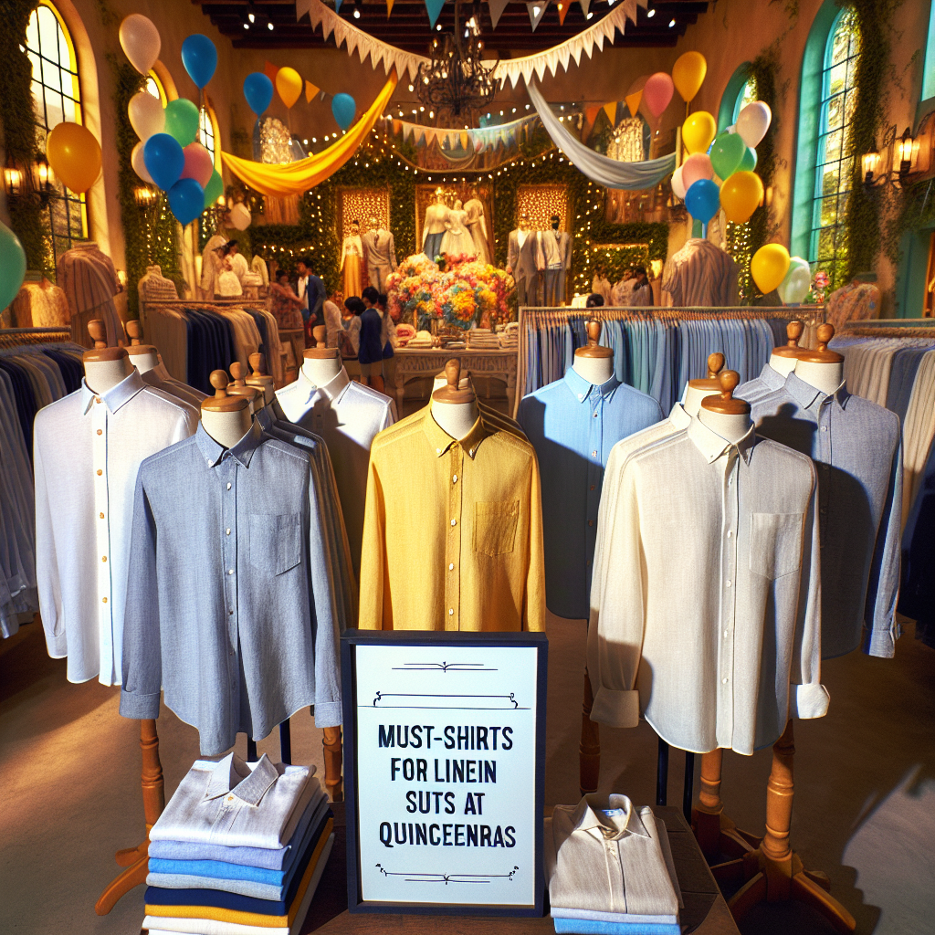 Must-Have Shirts for Linen Suits at Quinceaneras Imagine a well-lit clothing shop. Displayed on mannequins are a variety of must-have shirts suitable for linen suits. These must-have shirts display diverse styles, ranging from formal button-downs to relaxed linen-poet shirts. The colors of the shirts vary, reflecting vibrant yellows, soothing blues, and elegant whites. In the background, a party setting suggests these shirts suitable for Quinceaneras - balloons, ribbons, and decorations add a festive air. The ambiance exudes the freshness of tropical climates, perfect for linen suits. There's a sign which reads, 'Must-Have Shirts for Linen Suits at Quinceaneras'.
