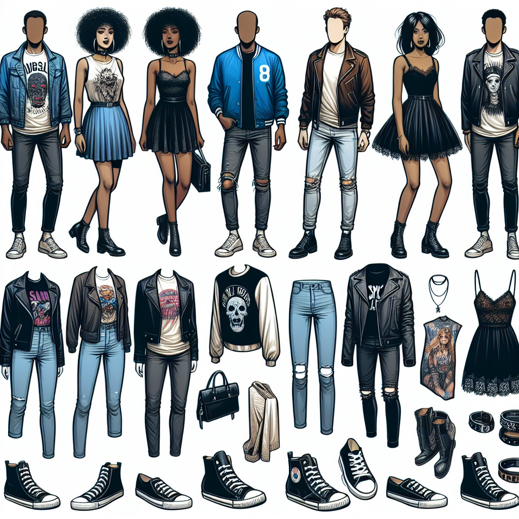 An illustrative guide showcasing a set of outfits ideal for a concert. Firstly, an image with a highlighted collection of casual attires for both a Middle-Eastern man and a Black woman. Clothing items like jeans, graphic tees, bomber jackets, and comfy sneakers. Secondly, a more formal look for a Hispanic woman and a South Asian man, featuring cocktail dresses, blazers, loafers, and stylish boots. Lastly, a punk-rock styled attire for a Caucasian woman and an East Asian man, including leather jackets, band t-shirts, distressed jeans, and combat boots. All set in a visually stimulating arrangement.