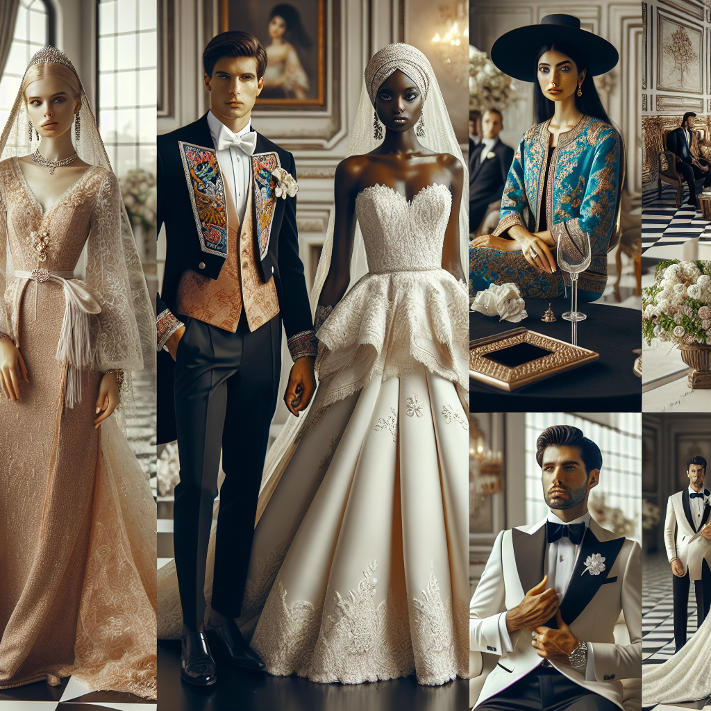 Formal Wedding Styles: Effortless, Stunning Outfits An upscale formal wedding scene showcasing a range of stunning outfits. Include elements such as an elegantly dressed Caucasian bride in a white lace gown and veil, a South Asian groom donning traditional attire with vibrant colors and exquisite detailing, a Middle-Eastern bridesmaid in an effortless yet chic dress, a Hispanic best-man in a sharp tuxedo, a Black mother of the bride adorned in an elegant suit and hat. Additionally, incorporate small details of a luxurious, beautifully decorated wedding venue to set the background ambiance.