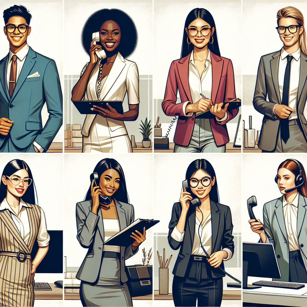 Stunning Outfits for Receptionists: Find Your Perfect Match! Create a compelling and colorful fashion montage showcasing different styles appropriate for a receptionist's professional attire. The montage should include various elements: A male Hispanic receptionist wearing a well-fitted modern suit, holding a pen and notebook; a confident Black female receptionist in a chic pencil skirt and blouse, smiling as she answers a telephone; an Asian trans-woman sporting a sleek dress and stylish glasses, carrying a clipboard; a White non-binary person in a trendy blazer and smart trousers, multitasking with a headset and computer at a modern sleek desk. Make sure the colors are vibrant and the fashion feels up-to-date, reflecting a range of personal styles while maintaining professional appearance.
