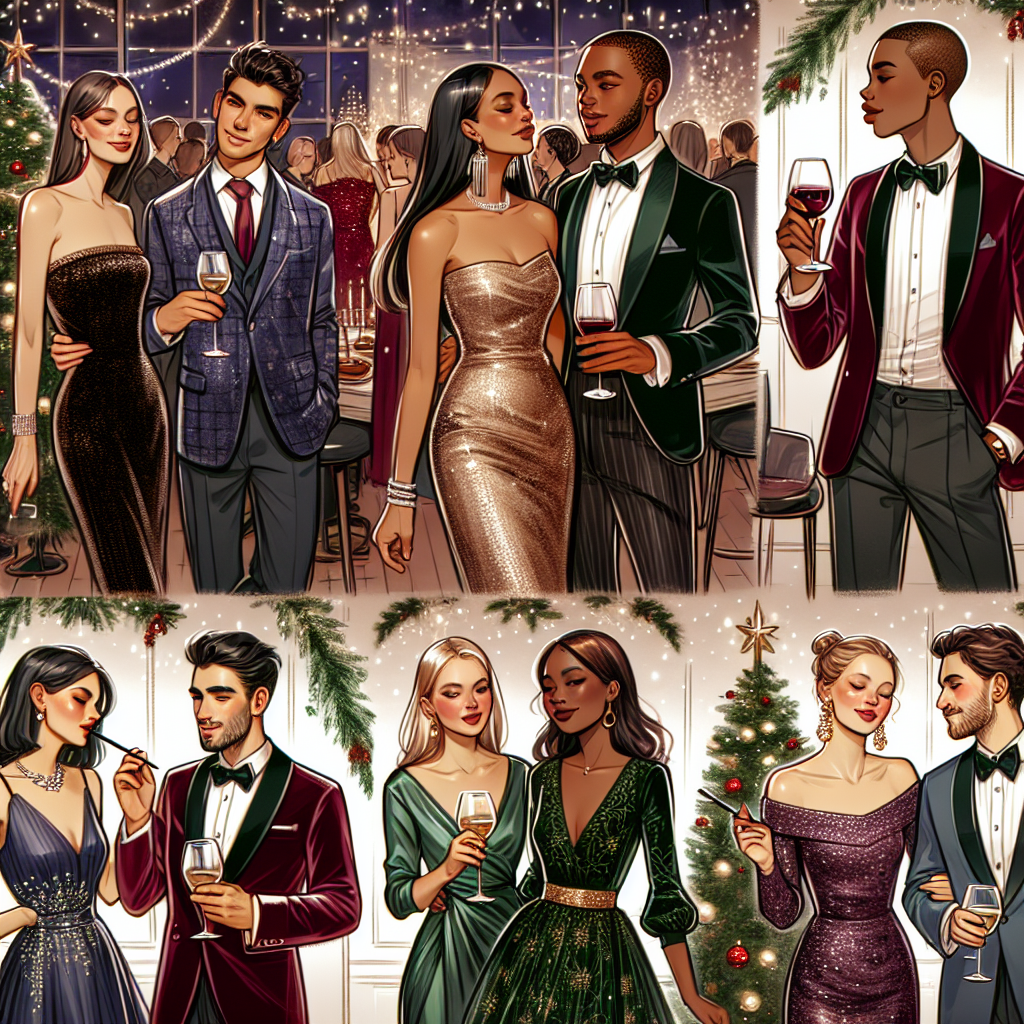 Illustrate the scene of a festive and sophisticated Christmas party. Show different people showcasing their stunning Christmas party outfits. Include a Middle-Eastern woman in a luxurious velvet dress, shimmering with delicate sequins. Portray an African man, looking sophisticated in a silk burgundy suit. Show a White woman, donning an elegant green silk cocktail dress. Picture a South Asian man, flaunting a chic navy-blue blazer paired with black trousers. Lastly, portray an Hispanic woman, dressed in a sparkling, ornate gold dress. Have all these people chatting and laughing, sipping their wine, with the Christmas tree and fairy lights twinkling in the background.