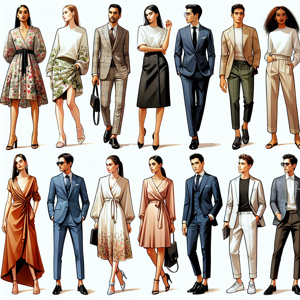 A carefully curated image depicting a variety of stylish and elegant outfits suitable for attending a Bat Mitzvah. These outfits radiate effortless chic, featuring the tasteful combination of modern and traditional styles. Display a mix of gender and descents in the representation. For instance, a Caucasian woman dressed in a sophisticated floral shift dress, a Middle Eastern man in a sharply tailored suit, a Black woman in a classy silk blouse and midi skirt, a Hispanic man enhancing his style with a sleek blazer and chinos, a South Asian woman rocking a trendy jumpsuit, and a White man looking dapper in a sport coat and jeans.