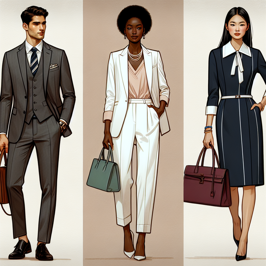 An array of three elegant, chic, and diverse business attire suitable for a conference. First, a Middle-Eastern man in a well-fitted charcoal grey suit paired with a pastel pink shirt and a diagonally striped tie. Next, an African woman in a pristine, tailored white pantsuit, paired with turquoise accessories. Finally, an Asian woman in a modern take on the traditional business attire: a tailored navy dress with a white collar, paired with a burgundy leather tote. Each attire exhibits a balance of formality and style, overall portraying an effortlessly chic aesthetic.