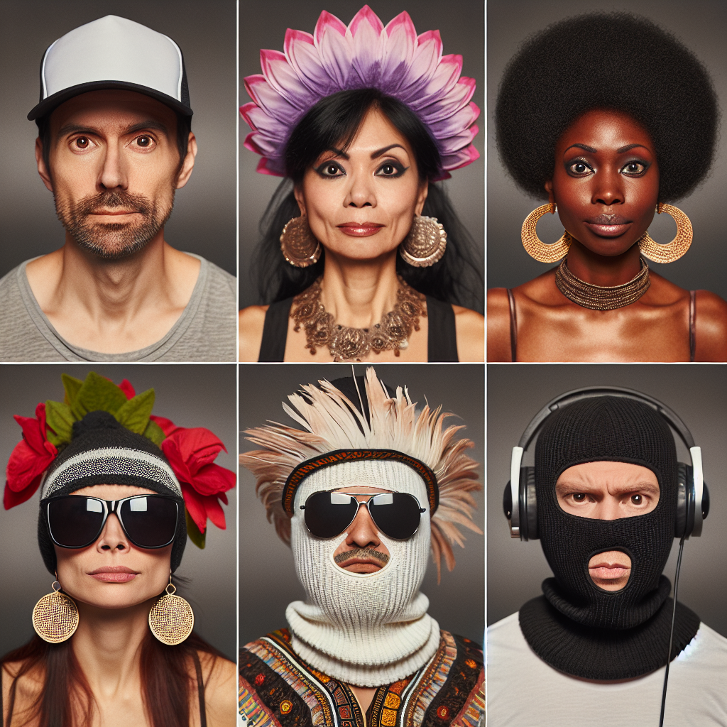 Show a collage of six people demonstrating what not to wear in a passport photo. Clockwise from the top left: a South Asian man wearing a baseball cap, a Hispanic woman donning large hoop earrings, a Black woman with oversized sunglasses, a Middle Eastern man in a full-face ski mask, a White woman wearing a feathered party hat, and a Caucasian man posing with headphones. Each person is showing a humorous expression that reflects a commonly made mistake in passport photos. The aim is not to mock but to educate in an amusing and memorable way.