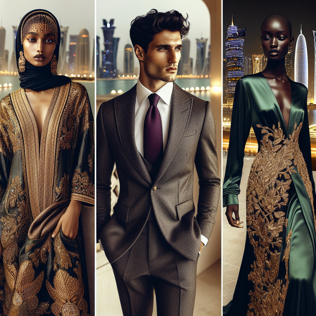Imagine a spectacular event in the city of Doha with fashion-forward individuals. The first display features a Middle-Eastern lady wearing a trendy yet sophisticated gold-embroidered kaftan with intricate beadwork that reflects the city's nighttime lights. The second highlight is a South Asian man dressed flawlessly in a sleek charcoal gray suit with a plum colored tie that adds a pop of color. Lastly, we see a Black woman in an elegant emerald green, silken gown, bringing panache and glamour. All these outfits embody the term 'Effortless Elegance', making them perfect for stunning Doha events.