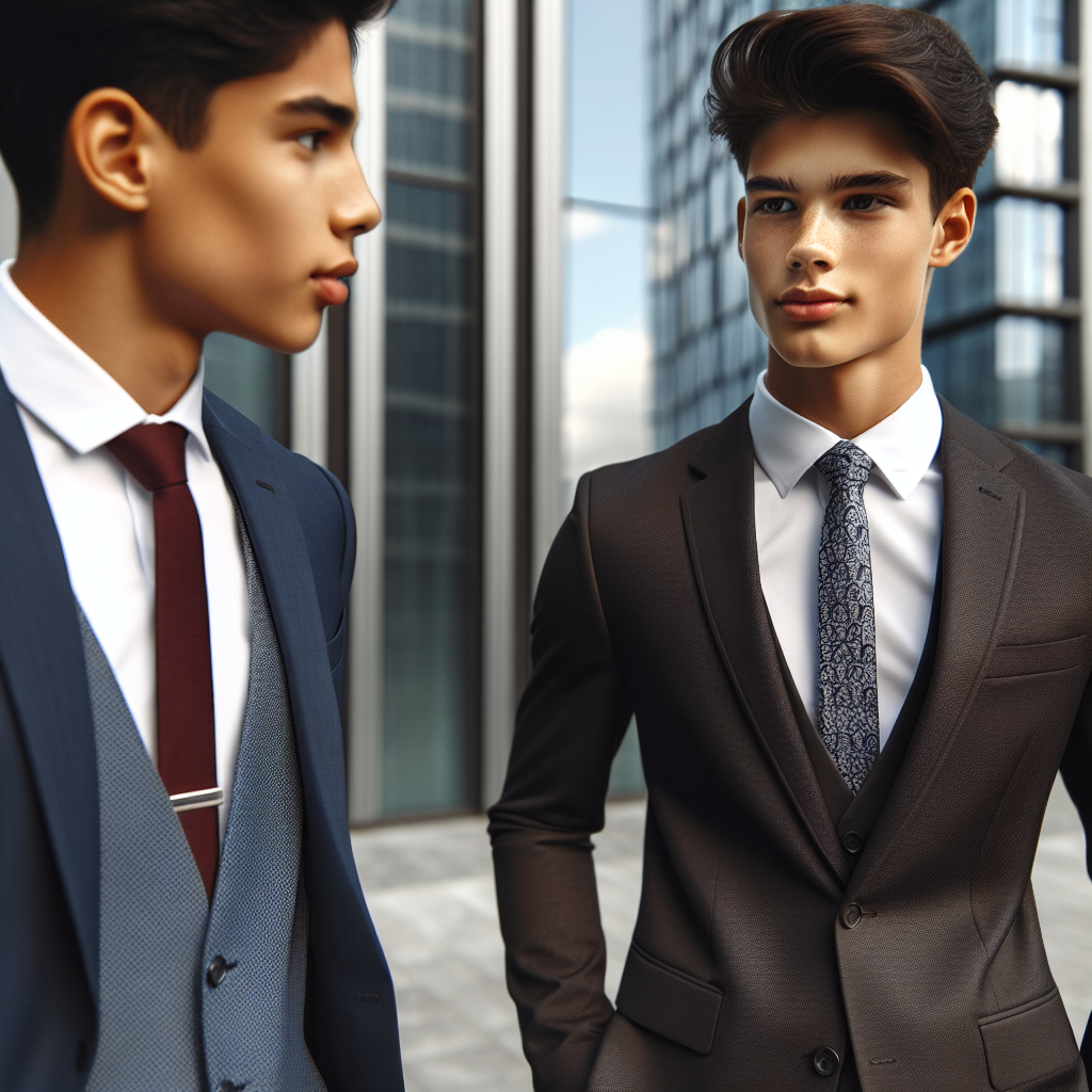 Ace Your Interview: Must-Have Suits for Teens A well-dressed teenager of South Asian descent wearing a sleek navy blue suit paired with a crisp white shirt and a slim, patterned tie. His physique exudes confidence and professionalism. He is standing in front of a modern, urban background with high rise buildings. Another teenager of Hispanic descent, is dressed in a charcoal grey suit, paired with a light blue shirt and contrasting maroon tie, presenting an equally elegant appearance. Both are engaged in sincere conversation, perhaps discussing the upcoming job interview scenarios.