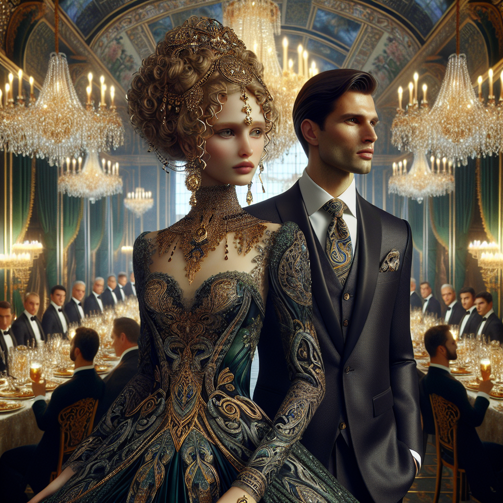 Banquet Style Guide: Stunning Outfits for Elegant Evenings Imagine a fascinating scene of a lavish banquet. The room is opulent, adorned with crystal chandeliers and golden trims. In the foreground, two people of notable style stand out among the crowd. A Middle-Eastern woman is clad in an intricate, emerald-green evening gown, her hair elaborately arranged in curls with subtle gold accessories. A white man, on the other hand, is draped in a smart charcoal suit, his tie giving a proud nod to traditional paisley patterns. The scene beautifully encapsulates the essence of glamorous, elegant evening events.