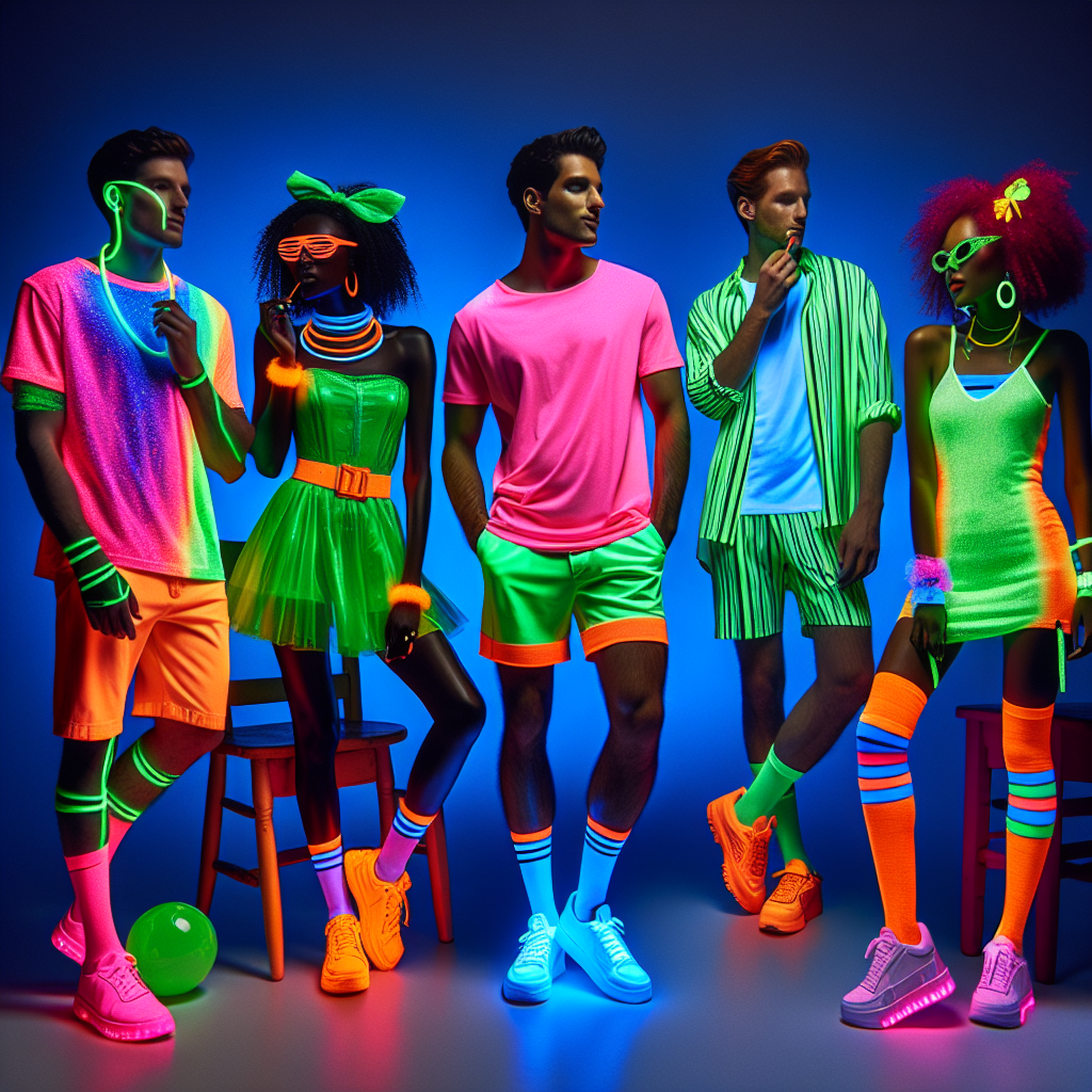 Must-Have Outfits for a Glow-in-the-Dark Party Bring a scene to life where individuals enjoy a glow-in-the-dark party. The main focus should be on the unique must-have outfits that stand out in this specific setting. The clothes should be bright neon colors, including vibrant greens, blues, oranges, and pinks that glow in the dark, enhanced by blacklights. The partygoers should have different descents and genders: a Caucasian male wearing a neon pink t-shirt with matching sneakers, a Black woman donning a bright green dress and fluorescent hair accessories, a South Asian man wearing a blue glowing suit, and a Hispanic woman adorned in a vibrant orange jumpsuit. Update the scenario to a modern setting with a dash of fun-filled energy and excitement.