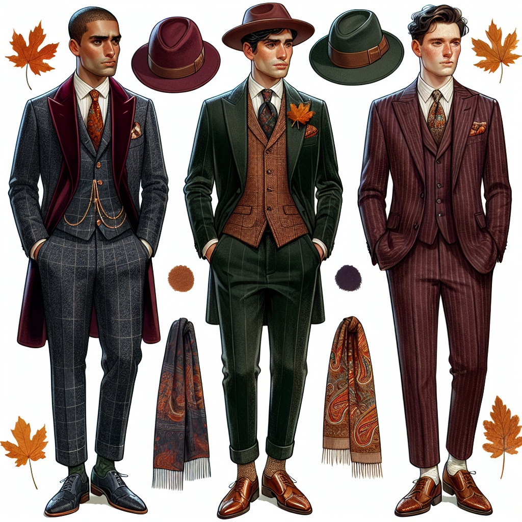 Create an illustrative guide for males attending a fall wedding. Show a Middle-Eastern man in a luxuriously tailored, velvet burgundy suit, paired with a checked waistcoat and an orange silk pocket square. Beside him, depict a Hispanic man attired in an elegant dark green tweed suit, a matching trilby hat, and a layered paisley print scarf. Lastly, portray a White male wearing a classic navy-blue pinstripe suit, a paisley tie, and walnut brown brogues. Accentuate the scene with autumn leaves around them, indicating the fall atmosphere.