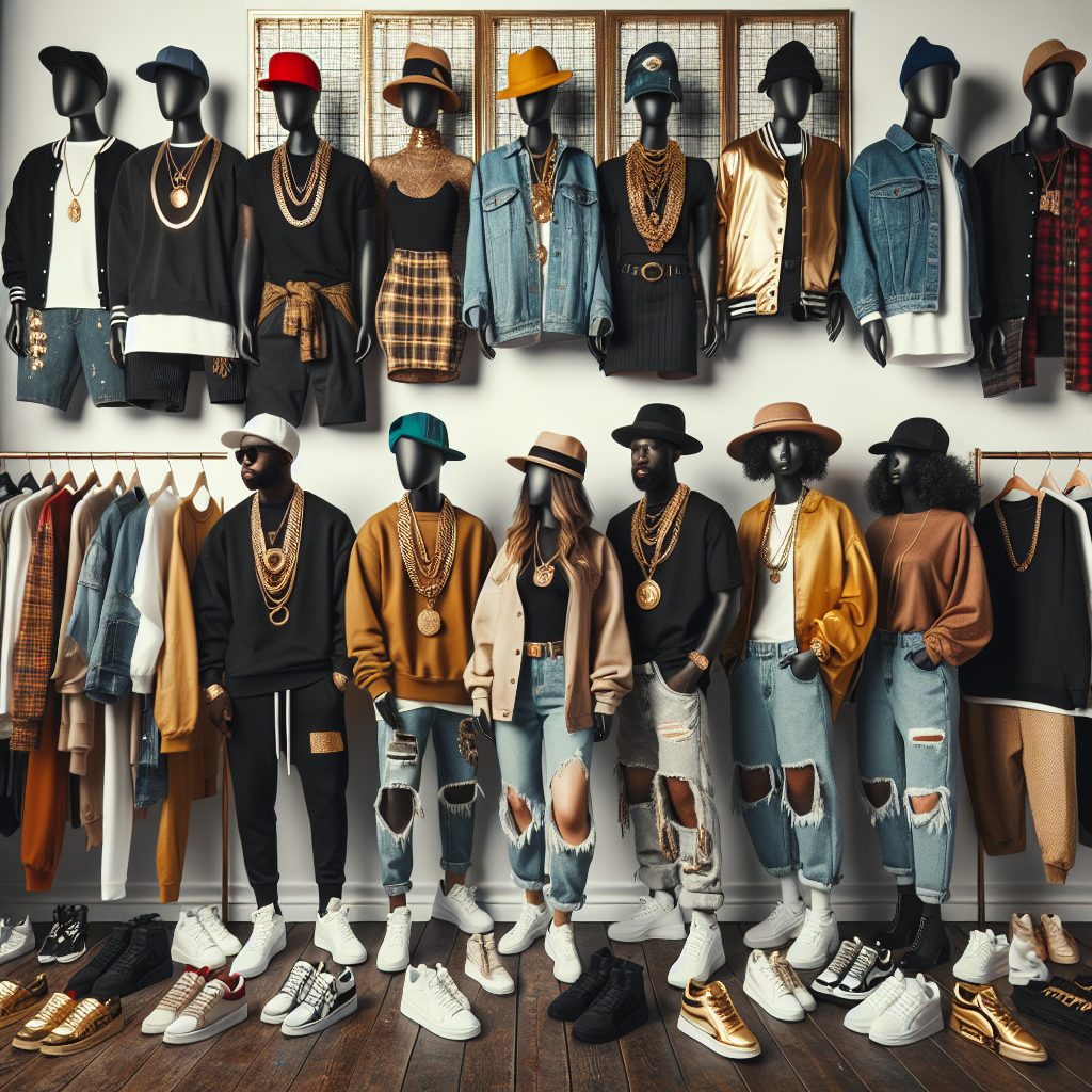 Explore a visually striking array of outfits suitable for a music concert. Imagine a scene with people from diverse descents such as Asian, Hispanic, Middle-Eastern men and Black, Caucasian, South Asian women. Each attire should reflect a facet of the vibrant music culture - hip-hop, street style, luxury fashion, and casual comfort. Capture them elegantly browsing through a pop-up wardrobe filled with iconic, hip-hop inspired items - chunky gold chains, stylish graphic tees, ripped denim, trendy hats, and designer sneakers.