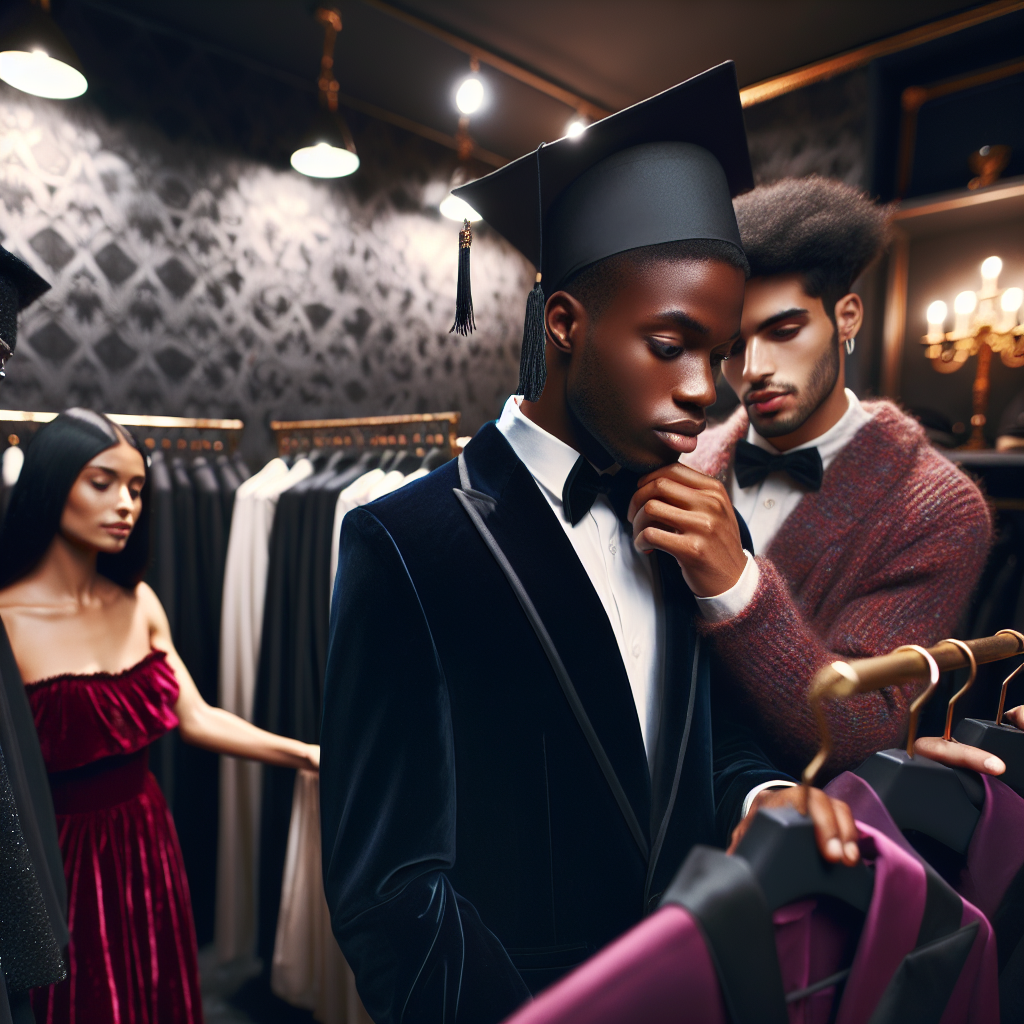 Imagine a bustling scene set in a luxurious clothing store. In one corner, a Black male student attentively peruses a rack of dark graduation gowns and caps, his gaze focusing on the finest details - velvet trims and satin sashes. Nearby, a Middle-Eastern female student fitting a vibrant, stylish dress that beautifully complements her cap and gown. Their Hispanic friend analyzes elegant shoes on a nearby shelf, anticipating the perfect combination for graduation day. The ambiance of anticipation and excitement for the upcoming event is palpable, as these students find their stunning graduation outfits.