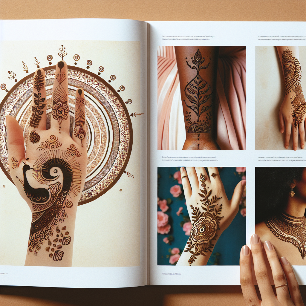 A guide page reflecting various traditional Mehndi designs. In the top left is an intricate peacock design, embellished with paisley patterns, on a South-Asian woman's hand. To the right, a Middle-Eastern woman's foot showcases a minimalist geometric design stretching up towards the ankle. Below, a floral design spreads stunningly across a Black woman's forearm. Lastly, on the bottom right, a Caucasian woman's shoulder is adorned with a delicate vine pattern. All designs are depicted in a rich, dark brown henna color.