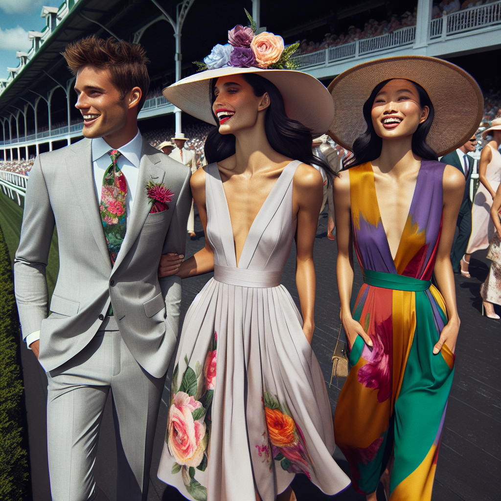 Stunning Derby Outfits: Effortlessly Perfect Picks Visualize a breathtaking scene at a Kentucky horse racing derby featuring three individuals in effortlessly perfect and stylish outfits. The first person, a Caucasian male, is wearing a sleek light grey suit paired with a vibrant floral tie. Beside him stands a Hispanic woman in a knee length pastel sundress, topped with a wide-brimmed hat adorned with silk flowers. Finally, an Asian woman sports an elegant jumpsuit in bright jewel tones, draped with a lightweight, chiffon shawl. All of them are seen laughing and enjoying the exciting atmosphere of the derby.