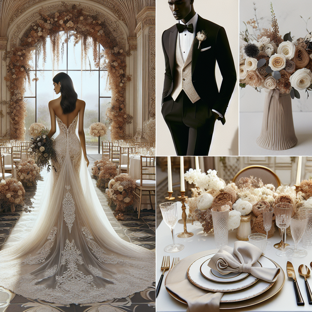 Stunning Wedding Styles: Effortlessly Elegant Choices An image showcasing effortlessly elegant wedding styles. This includes a long, flowing white wedding dress with intricate lace detailing on a South Asian bride, a beautifully tailored black tuxedo with a crisp white shirt on a Black groom, coordinating flower arrangements with muted pastels and rich, cream colors, and finally, sophisticated table settings with fine china and crystal glassware. There is noticeable elegance to the scene but also an air of simplicity, making it truly timeless. The backdrop is a beautifully decorated wedding venue with a grand archway dressed with floral arrangements.