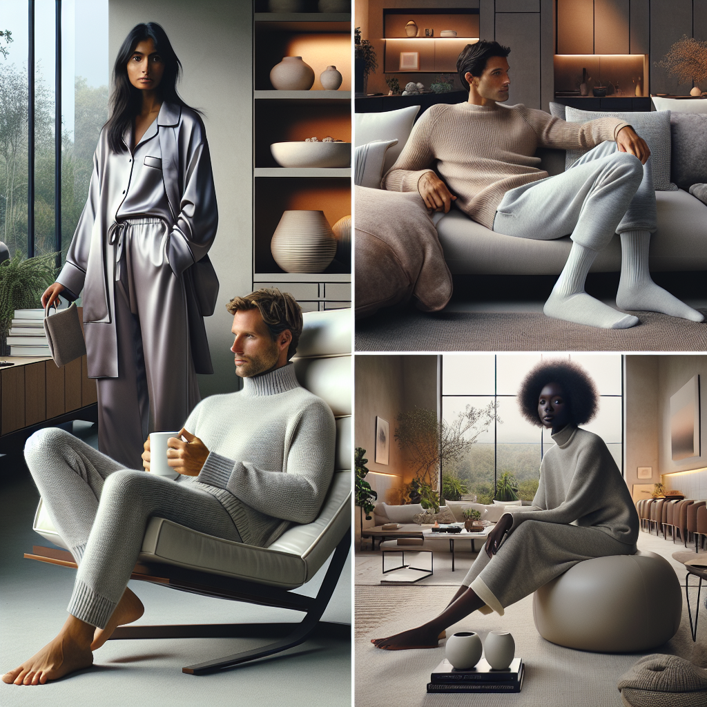 Stunning Lounge Outfits: Discover Your Perfect Look A variety of stylish, comfortable, and functional lounge outfits. On the left, a South Asian woman is sporting a chic silk pajama set in soft lavender hues. In the middle, a Caucasian man, relaxed in an elegant cashmere sweater and matching sweatpants, sits on a plush, minimalist chair. On the right, a Black woman is layered in a loose, cotton turtleneck and stretchy, yoga pants with a coffee mug in her hands. In the background, a serene, tastefully decorated living room with soft lighting, clutter-free surfaces, and lush indoor plants.