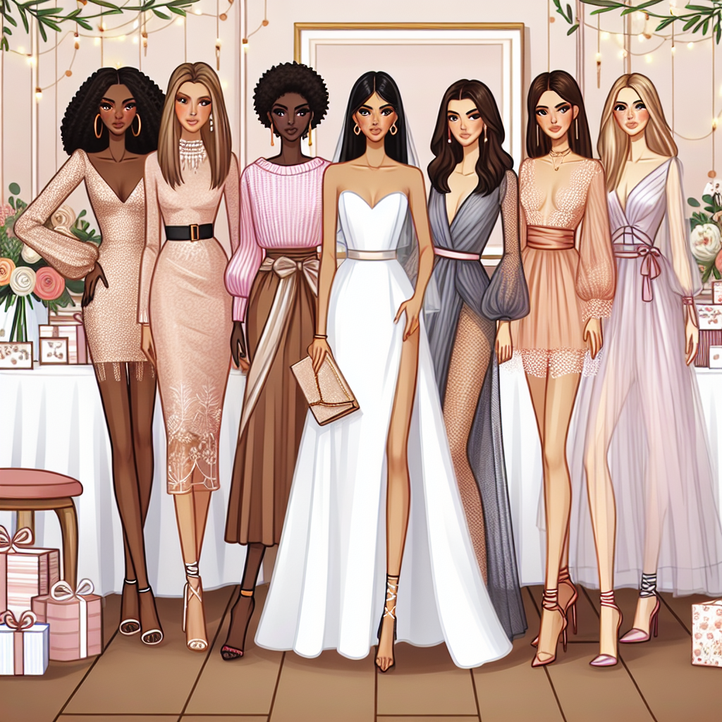 Illustrate an elegant scene of a bridal shower. Show a diverse group of women with different descent such as Black, Hispanic, Middle-Eastern, South Asian and Caucasian. Each of them are wearing stunning and fashionable outfits suitable for the occasion. The outfits can vary in color and style, demonstrating elegance, class and femininity. The decor around the scene is upscale with a hint of whimsical charm to reflect the celebratory occasion, possibly including a beautifully laid table with flowers and tastefully decorated presents in the background.