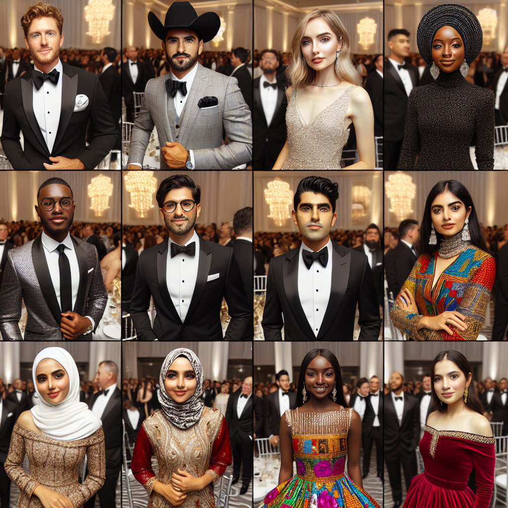 Stunning Outfits for White Coat Ceremony Guests Generate a picture collage featuring groups of guests, at a formal white coat ceremony. Show a diverse group represented in terms of race and gender with attendees showcasing their stylish and sophisticated outfits. Include a man in a classy black tuxedo and a Mexican man in a traditional Charro suit, a South Asian woman in an embellished saree, a Middle Eastern woman in a chic dress paired with a hijab, a black woman in a vibrant African print dress, and a Caucasian woman in a sleek evening gown. The event setting should be a well-decorated banquet hall.