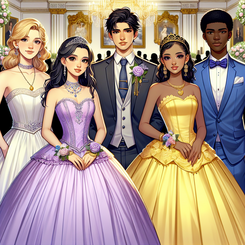 An illustration of four teenagers, all dressed in elegant formal attire for a quinceanera. Two of them are Hispanic females wearing ball gowns, one with a lilac-colored frock and silver tiara, and the other in a sunshine yellow dress with a tasteful gold locket. The other two individuals are gentlemen, one a Middle-Eastern teenager in a sharp tailored suit with a rose-pattern tie, and the other is an African teenager sporting a royal blue tuxedo with a white silk bowtie. They are standing in a grand hall lavishly decorated, embodying both effortless and chic styles.