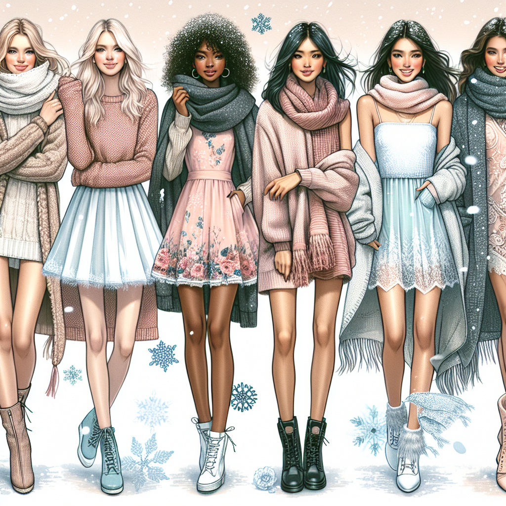 A stylish winter scene showing a diverse group of people bundled up in layers, overlaying their favorite mini dresses with warm clothing. Envision a woman of Caucasian descent in a chunky knit sweater over a floral mini dress, a Black woman in a tailored coat over a silk mini dress, a Middle-Eastern woman wearing a long, fringed scarf over a bright mini dress, and a South Asian woman in a thick cardigan over a lace mini dress. Their joyful faces express the chic comfort of their choices. Icy winter elements like falling snow and frost-laden trees set the seasonal mood. Please use soft pastel colors to evoke a sense of warmth amidst the cold.