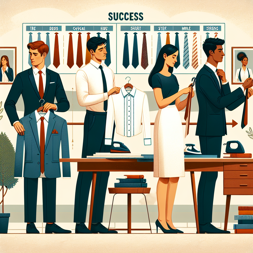 A diverse group of individuals preparing themselves for job exams. A white male diligently ironing a formal suit, a Hispanic woman examining a classy blouse with a skirt on a hanger, and a South Asian man thoughtfully selecting a tie from an array of neatly organized ties. There's a display illustrating different levels of dress codes, going from casual to business professional. To balance things out, there's also a desk signified with 'Success' written on top, adorned with books about job interviews and body language. A subtle hint of a dawn's sunshine is seeping through a nearby window, symbolizing new beginnings.