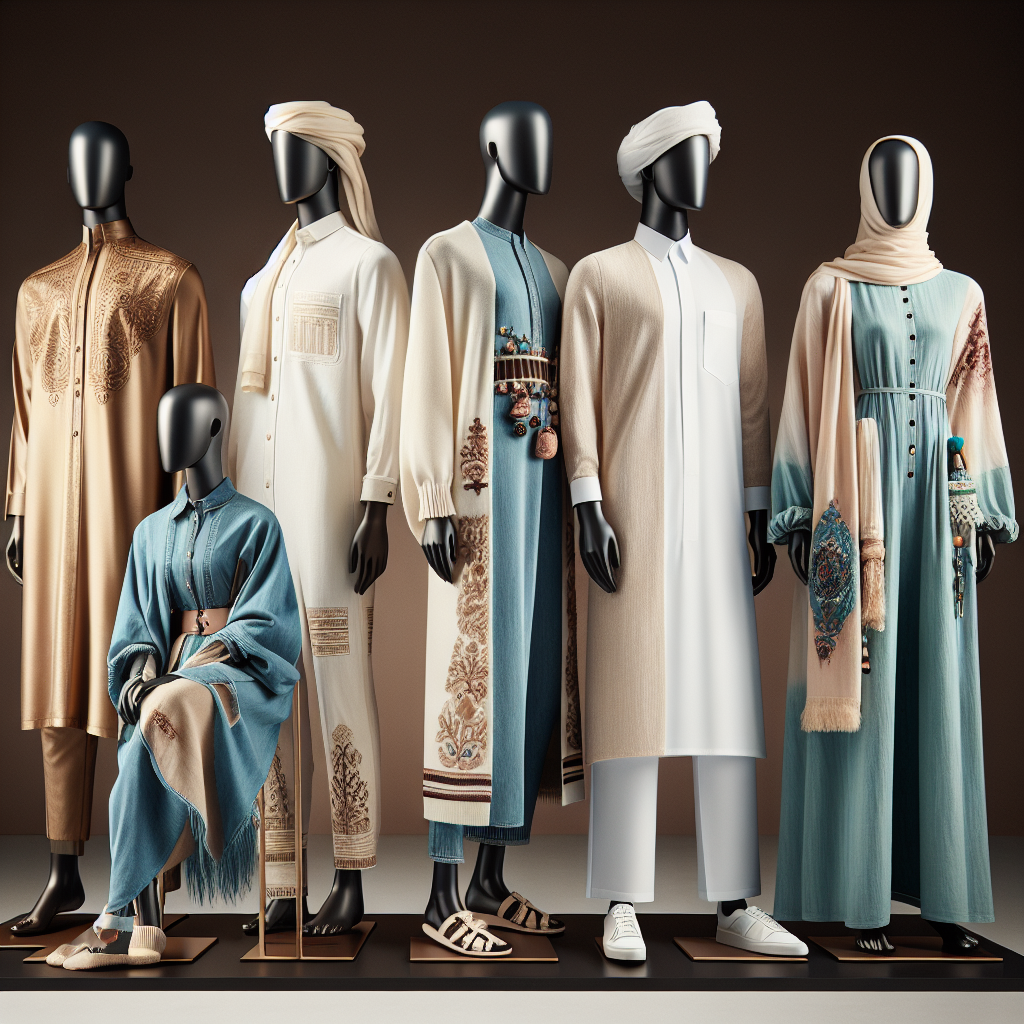 Create a diverse collection of effortlessly chic outfits appropriate for Qatar. The scene should present a fashion display with five mannequins each wearing a unique ensemble. The first mannequin, of Hispanic descent, should be adorned in a contemporary golden jalabiya. The second, a Caucasian figure, should sport a stylish white linen suit. The third should be a Middle-Eastern mannequin in a vibrant turquoise abaya enlivened by decorative ornaments. The fourth, a black model, graces an unconventional denim thobe. The last mannequin, of South Asian descent, showcases an elegant cream-colored shirtdress. Complement these outfits with appropriate accessories and footwear.