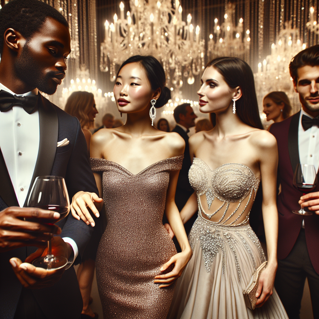 What to Wear to a Gala: Stunning, Effortless Guide Visualize a scene at an elegant gala, where people are showcasing their sophisticated fashion choices. An African man in a well-tailored tuxedo is interacting comfortably with a group, holding a goblet of red wine. Beside him, an Asian woman radiates beauty and confidence in her sparkling, off-shoulder gown. Finally, a Caucasian woman makes her entrance wearing a backless evening gown, paired with a dazzling diamond necklace. The atmosphere is filled with enchanting chandelier lights, making everyone's outfits shimmer and creating a picture-perfect setting for gala nights.