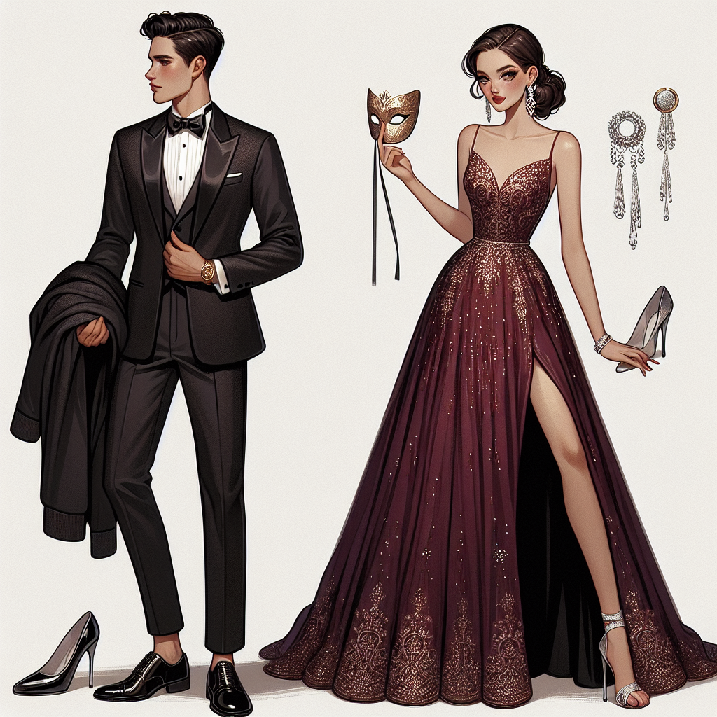 Gala Dress Code: Stunning, Effortless Outfits Illustrate a scene showing two people ready for an evening gala. The first person, a Caucasian male, is dressed in a black tuxedo with a perfectly arched bow tie, patent leather shoes, and his hair is slicked back neatly. In his hand, he holds a gold mask. The second individual, a Hispanic woman, is adorned in a long, flowing burgundy gown with delicate beadwork. Her outfit is paired with silver stilettos, dangling diamond earrings, and a silver hair clip nestled in her elaborate updo. Their attire reflects a combination of elegance and effortless chic, embodying the gala dress code.