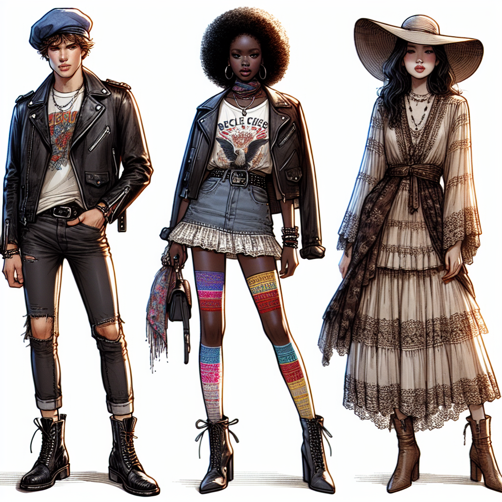 Stunning Outfits for Deftones Concerts: Must-Have Styles Produce an image showcasing fashionable concert outfits suitable for attending a rock music event. The image should consist of three diverse people, a Caucasian man, a Black woman, and a Middle-Eastern woman, each showcasing their personal style. The Caucasian man is wearing an edgy leather jacket and jeans ensemble. The Black woman is rocking a graphic t-shirt paired with a mini skirt, multi-colored stockings, and ankle boots. The Middle-Eastern woman is wearing a layered boho-chic dress with lace details, paired with a wide brim hat.