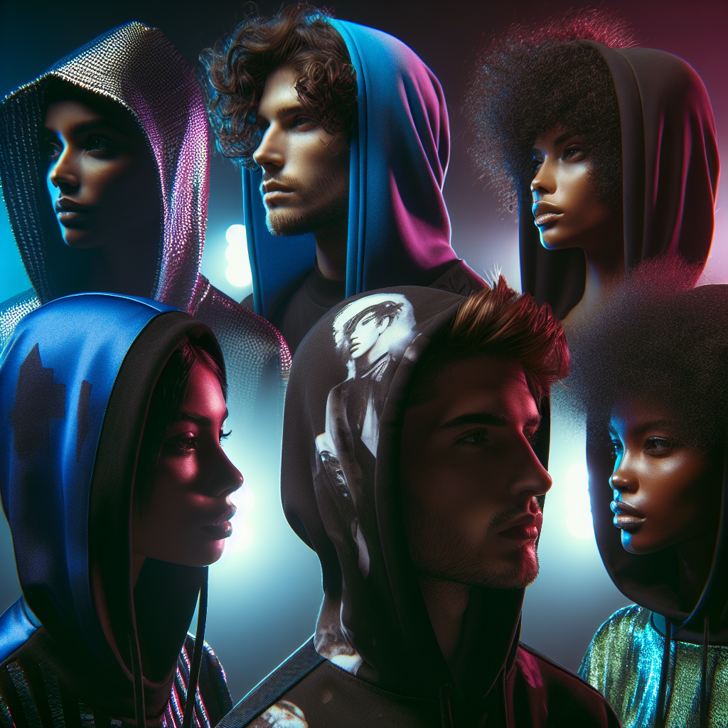 Give life to a unique, stylish scene of a music concert night where individuals are sporting stunning hoodie hairstyles. Picture a variety of folks, each exhibiting their distinct look. Imagine a South Asian man with curly hair peeping out of his hood, a Caucasian woman with a pixie cut half-hidden by her hoodie, a Middle-Eastern individual with a long sleek ponytail snaking out from the gap in the hoodie, and a Black woman with her Afro hair forming an interesting silhouette with her hoodie on. The atmosphere is electrifying, filled with multi-colored lights and the energy of the music.