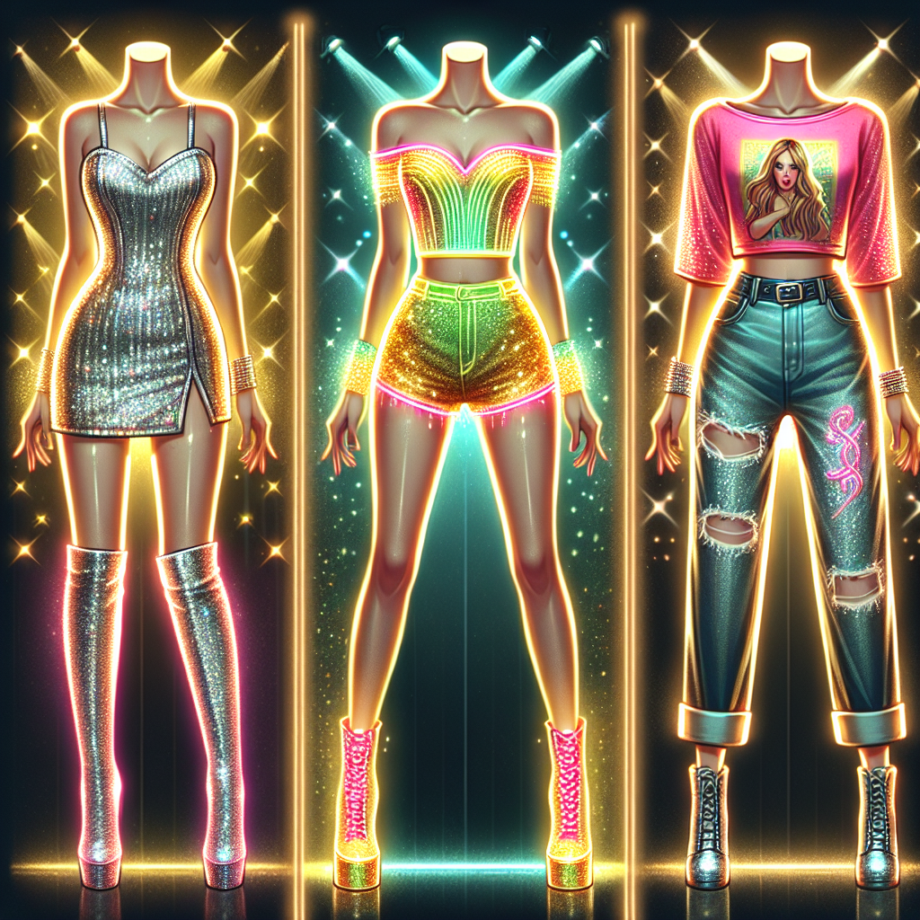Create an illuminating image showcasing three ideal outfits for a concert featuring a popular female pop musician. These ensembles should reflect the joyful and energetic nature of her music. The first costume incorporates a glittering silver mini dress with matching boots. The second features a vibrant neon ensemble with high-waisted shorts and an off-shoulder crop top. The final outfit is a classic concert goer&rsquo;s attire, jeans and a band t-shirt, but with a twist &ndash; the jeans are embellished with sequins and the shirt is a light, metallic gold. Each costume should reflect the glitz and glamour typically associated with pop music concerts.