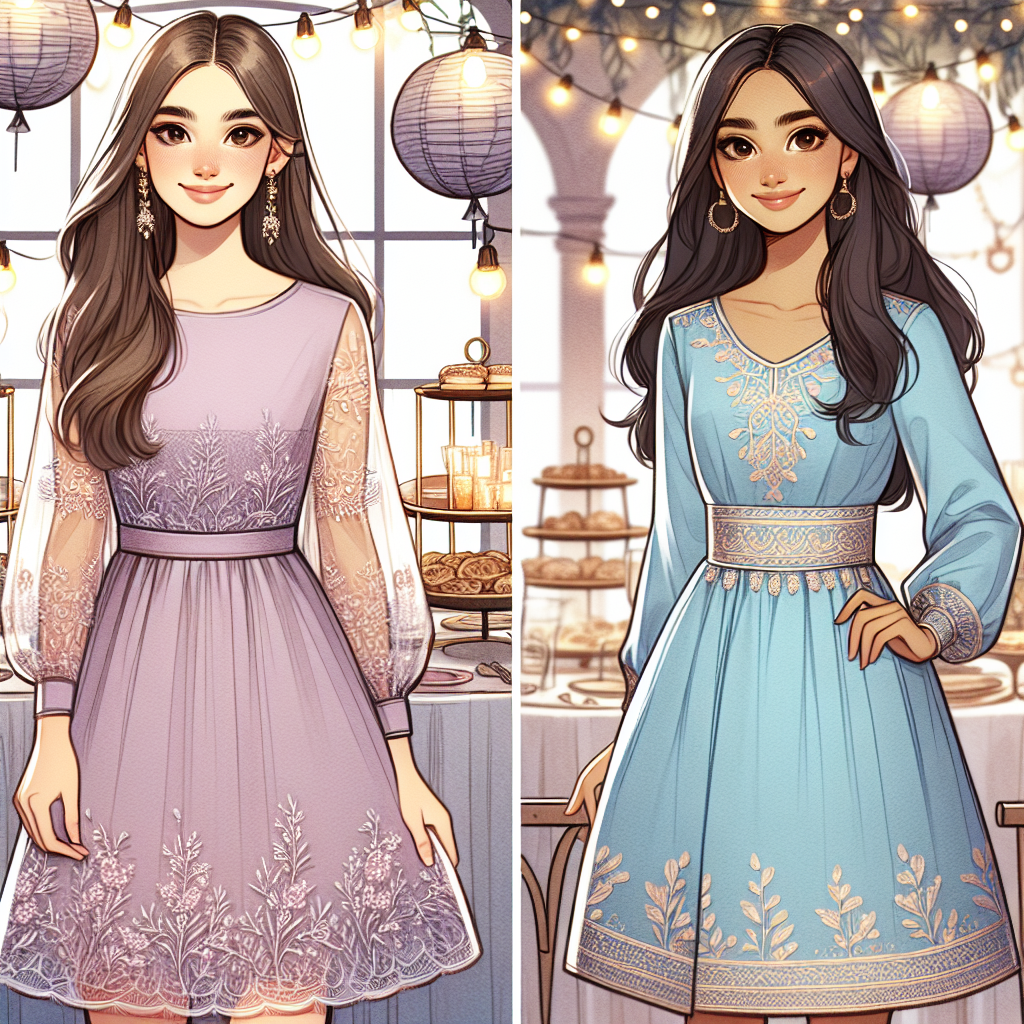 An image centered on the theme of must-have outfits for a Bat Mitzvah featuring effortless elegance. On one side, illustrate a Caucasian girl in a lavender colored, knee-length dress with delicate lace sleeves. On the other side, depict a Middle-Eastern girl in a tasteful, sky-blue dress, adorned with soft gold embroidery around the waist. The two should be standing in a tastefully decorated venue with string lights, paper lanterns hanging from the ceiling, and a well-set buffet table in the background. Their smiles should capture the joyous atmosphere of the day.