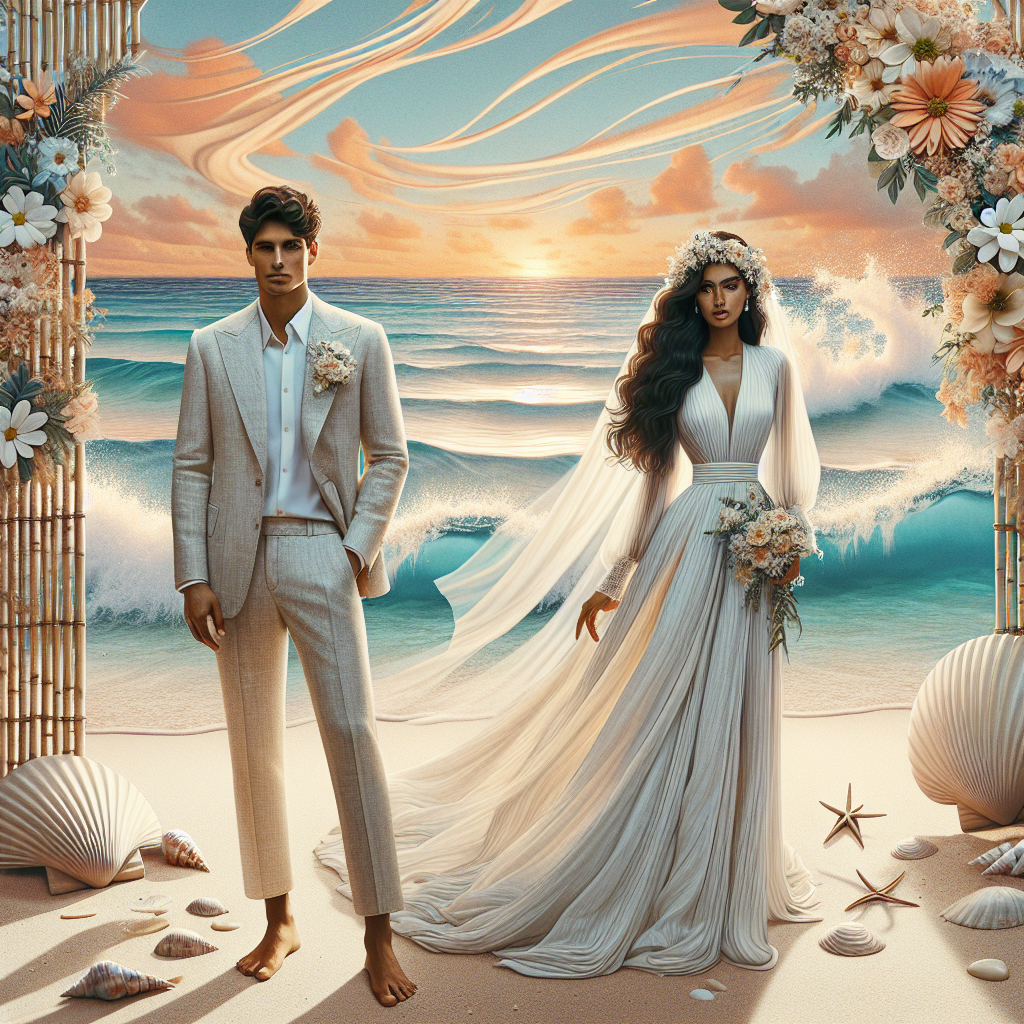 Beach Wedding Attire: Effortless, Stunning Picks Visualize a beach with a wedding theme. On the sandy shores, a Middle Eastern man in a light linen suit paired with a crisp white shirt is standing next to a South Asian woman wearing a breezy, waist-highlighting white dress which falls elegantly to her ankles. Their outfits are designed to withstand the warm, coastal weather, yet maintain a level of sophistication suitable for a wedding. Swirls of orange from the setting sun splash onto the turquoise waters, echoing the color of the groom's daisies boutonniere. Add in some scattered seashells and a bamboo arch decorated with white and pink flowers in the background.