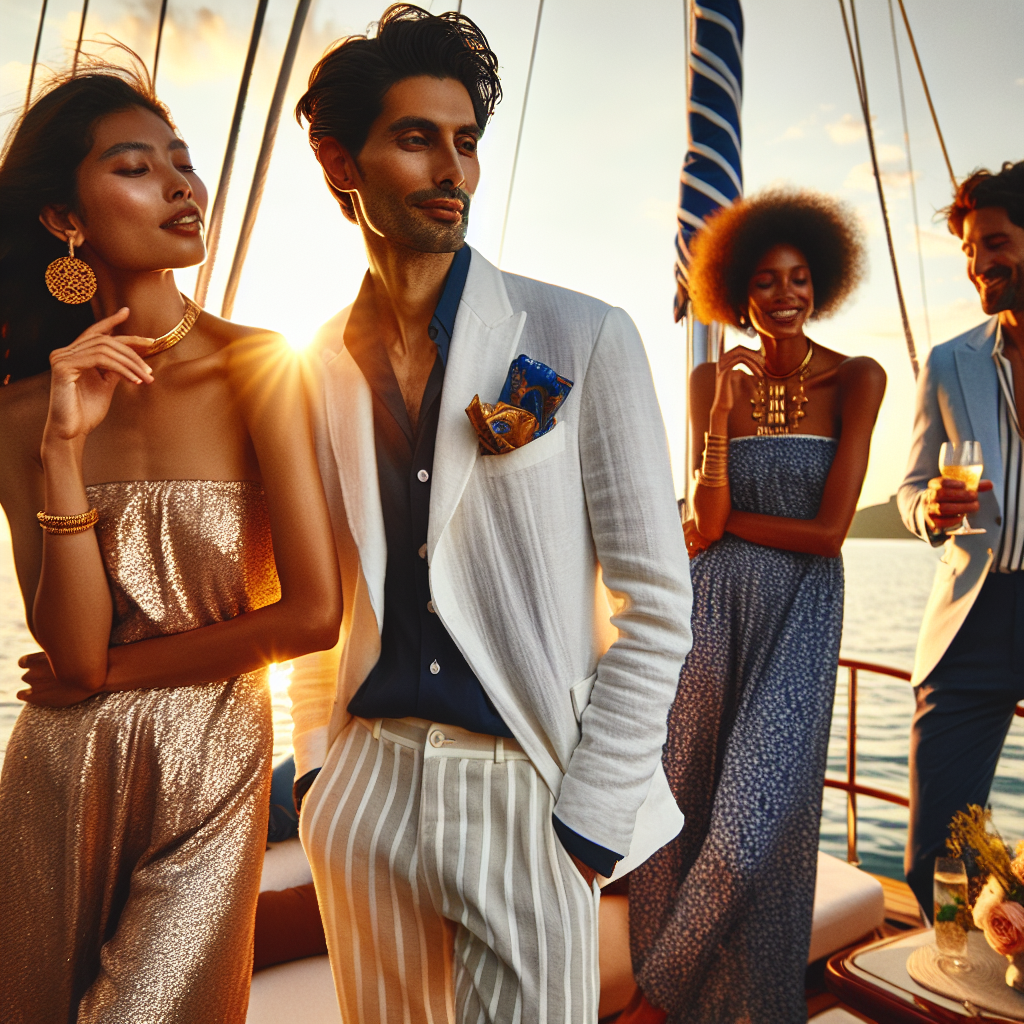 Stunning Boat Party Outfits: Effortless Elegance Unveiled Visualize a glorious scene of an elegant boat party at golden hour. People of various ages, occupations and descents are dressed elegantly. A middle-eastern woman is wearing a chic navy blue jumpsuit with gold accessories, basking in the offshore breeze. An East Asian man radiates charm in a tailored white linen suit with a vibrant pocket square. A black woman's sequin dress catches the evening light, while a South Asian man in a pastel blazer shares a laugh with a white woman in a flowy floral summer dress. Their clothing embodies effortless elegance, perfect for a boat party.