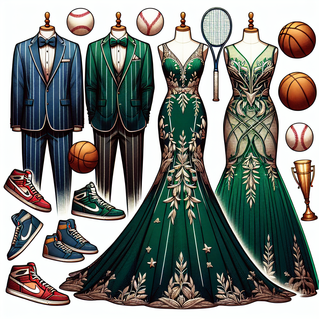 Must-Have Outfits for Your Next Sports Banquet Create a detailed image displaying a selection of elegant sports-themed attire perfect for a banquet. Showcase a svelte tuxedo with subtle baseball line patterns for a Caucasian male, a sharp suit with basketball embroidered lapels for a Black man, a magnificent gown in a vibrant football grass green for a Hispanic woman, and a stunning dress imbued with tennis net patterns for a Middle-Eastern woman. Remember to balance the sportiness with the flamboyancy of banquet attire. Let the clothes hang on invisible mannequins with a festive banquet backdrop, and lay some popular sports equipment subtly around.