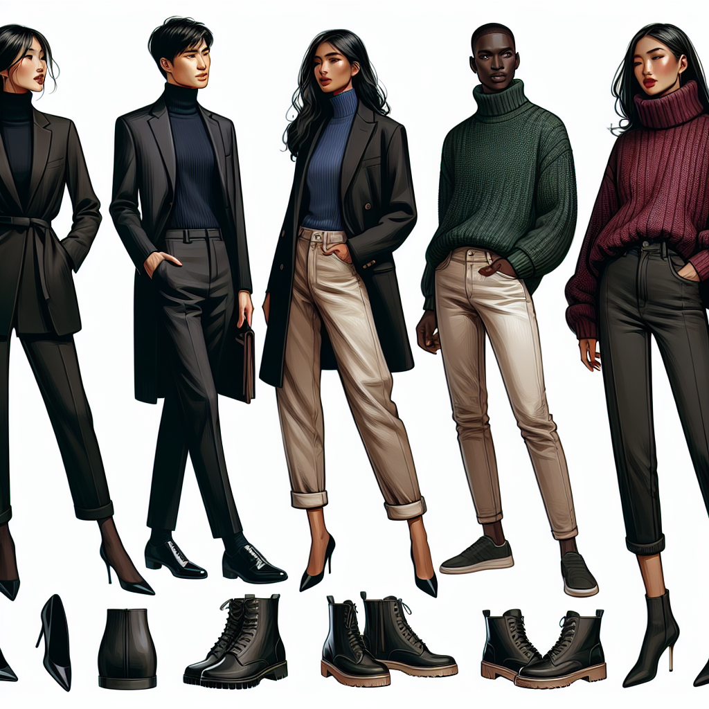 Create a detailed and versatile fashion showcase. Depict multiple stylish turtleneck outfits suitable for various occasions and seasons. A South Asian woman is dressed for a business meeting in a sleek, black turtleneck, a tailored blazer, and skinny jeans. A Black man is wearing a casual emerald green turtleneck, relaxed jeans and leather shoes for a day out. Finally, a Hispanic woman is wrapped up for winter in a chunky, oversized, burgundy  turtleneck sweater, teamed with leggings and warm boots. This image should capture the adaptability and timeless elegance of the turtleneck style.