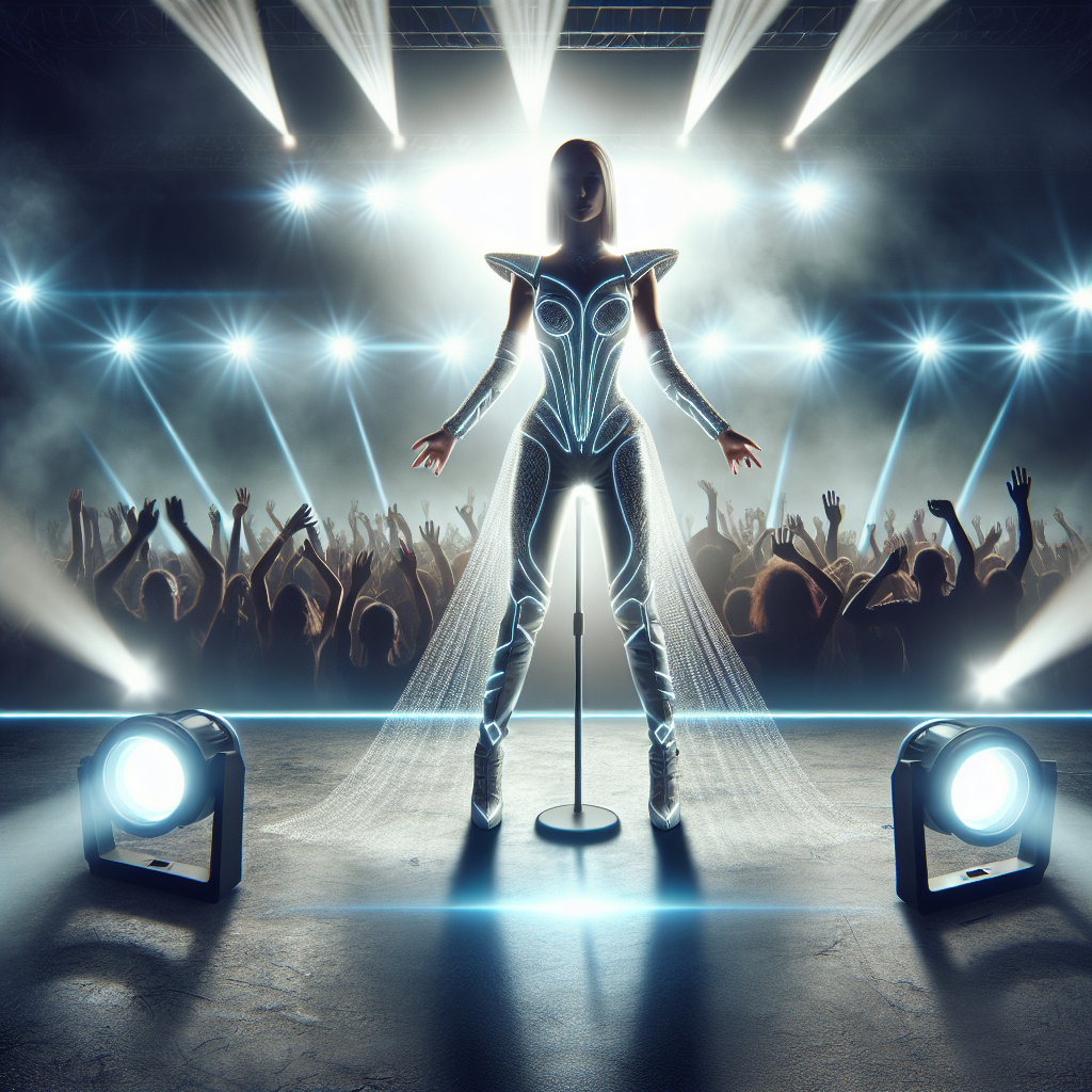 Craft an image of an extravagant concert stage under bright lights with a crowd cheering in the background. In the center spotlight, present a female singer, not recognizable as a specific individual but oozing undeniable star quality. She is a tall, slim Caucasian woman with blonde hair, wearing futuristic, stunning costumes appropriate for 2024. Channel a dynamic energy of a thrilling live concert. Note: This representation should not be identifiable as a specific real-life person or celebrity.