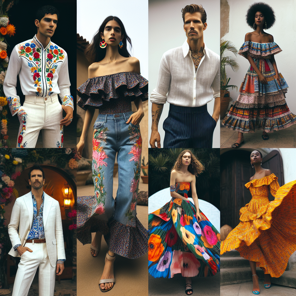 A curated montage of fiesta outfits showing stunning and effortless style. Visualise a South Asian man with a vibrant, embroidered guayabera shirt. Next to him, a Caucasian woman in a ruffled, floral print dress that flows with every move. A Middle Eastern woman wears a bold, patterned maxi skirt paired with a minimalist top. A Hispanic man steps out in a crisp linen suit, with an understated tie. A Black woman flaunts a bright off-shoulder blouse with high-waist jeans, her style is accentuated with a pair of colourful hoop earrings. All creating a real sense of celebration.