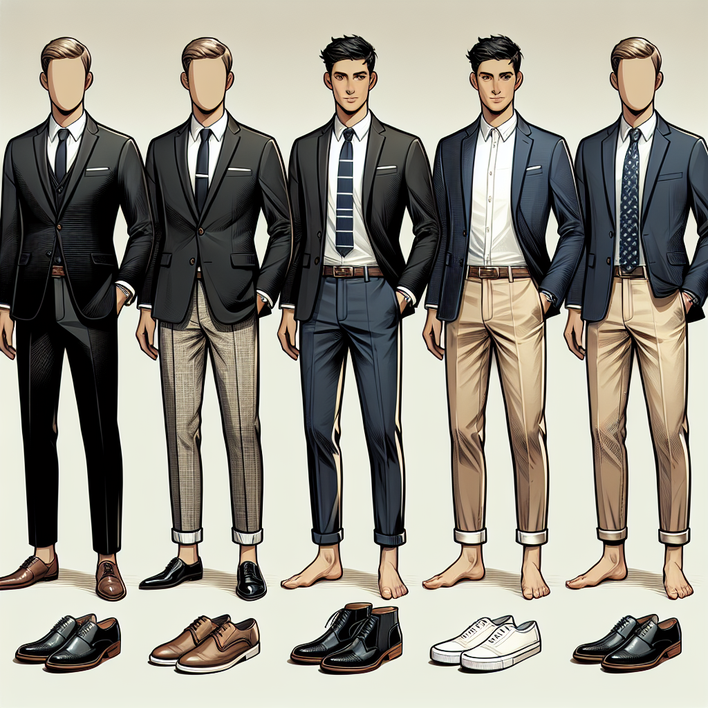 Create an illustrative image showcasing a range of interview outfits for men. The scene should depict various styles suitable for different professional environments. For instance, a black suit with a crisp, white shirt for formal corporate interviews, combined with an elegant black tie and polished business shoes. Also, add a more informal outfit for creative industries - khakis with a well-fitted navy blazer, patterned dress shirt, and dressy loafers. Show a Caucasian man in the black suit and a Hispanic man in the khakis and navy blazer. Use a mannequin to display the outfits if the people are not included.