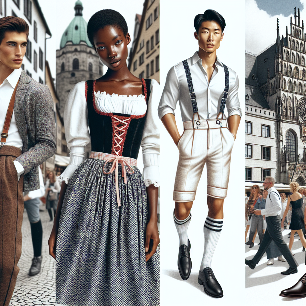 Stunning Outfits for Germany: Look Chic, Not Touristy An array of chic outfits that intertwine traditional German style with modern fashion trends to avoid a touristy look. Picture a young African woman in a contemporary interpretation of the classic 'Dirndl'. Beside her, an Asian gentleman wearing a minimalistic variation of 'Lederhosen' paired with a well-fitted shirt. Include locals bustling with excitement at a German city's architecture in the background.