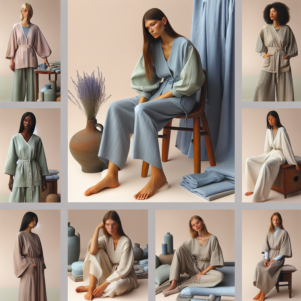 Visualize a collection of effortless massage outfits designed specifically for period comfort. Picture a variety of loose-fitting garments in soft fabrics such as cotton and silk. The clothes should be in soothing hues like lavender, mint, and powder blue. The outfits could include wide-legged trousers, caftan-style dresses, and oversized tunics, all with subtle hints of ancient Asian-inspired designs. In the scene, have several female models of diverse descents such as Caucasian, Black, Hispanic, South Asian, and Middle Eastern, showcasing the comfortable outfits. The women might be posed in relaxed settings, perhaps with a backdrop of minimalistic interiors.