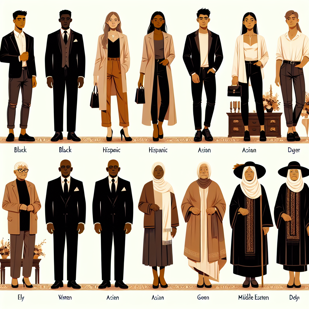 Create an image displaying various outfits suitable for funeral viewings. Featured should be an array of age-inclusive clothing options that cater to diverse body sizes. The scene should show four people of different descents including Black, Hispanic, Asian, and Middle Eastern each wearing tasteful and respectful attire. The age spectrum should range between young adult to elderly, and genders should be diverse. Also, illustrate an array of winter and summer styles to reflect seasonal changes. Display each part in warm monochromatic and neutral tones to convey respect and solemnity.