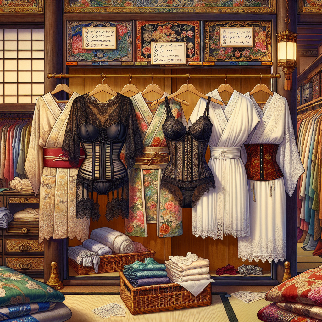 Must-Have Styles for Under Your Kimono! Render an elaborate and colourful image to capture must-have styles for underneath a kimono. Show a variety of attire including a black lace camisole, a patterned silk corset, a white linen chemise, and richly-detailed cotton bloomers. Depict these items on a brocade hanger against the backdrop of an open, ornate closet. Add notes describing each item's intricate design and material on the side. The closet is detailed with a polished dark wood, hanging lanterns and filled with folded silk goods of various colours. Surround the hangers with a variety of kimonos scattered delicately in the closet.