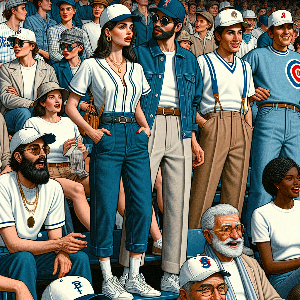 A detailed scene capturing fashionable supporters in a baseball stadium. The crowd consists of individuals displaying a variety of stylish, casual outfits best suited for baseball games. A woman wearing a trendy white baseball cap, paired with a classic blue denim jacket and black leggings looks excited. Near her, a Middle-Eastern man is seen wearing a well-fitted baseball jersey complemented with khaki shorts and modern white sneakers. Further in the crowd, a senior Black gentleman in retro-style high-waist blue jeans, a white t-shirt, and a vintage baseball cap laughs at a joke. All throughout, individuals of varying ages, genders, and descents exude an effortless style.