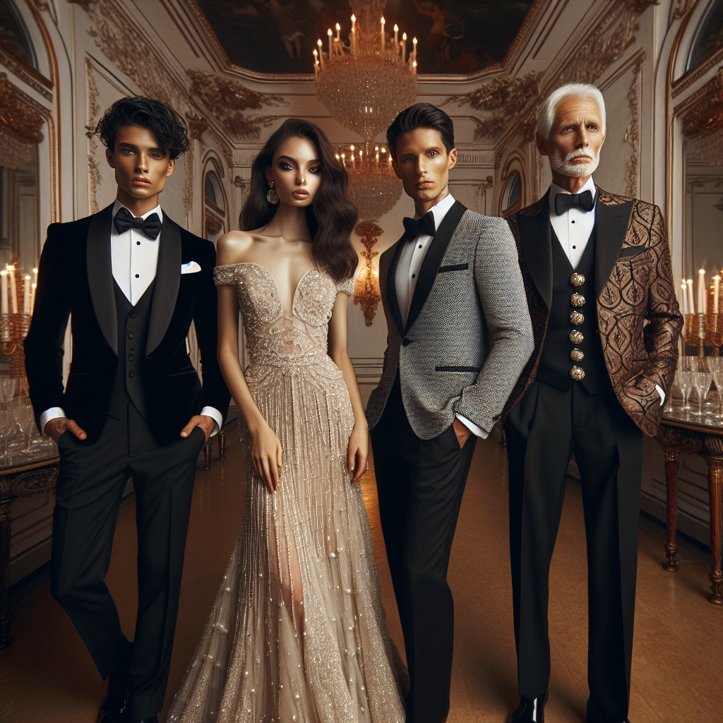Must-Have Gala Styles: Effortlessly Dapper Outfits Generate an image that showcases four brilliant and must-have gala styles. The first is a young Hispanic man dressed in a classic black tuxedo with a velvet bow tie, effortlessly showcasing elegance. The second is a mature Middle-Eastern woman wearing a sophisticated long evening gown with sequin detailing, epitomising opulence. The third model is a young South Asian female donning a modern cocktail dress with pearl accessories, providing a fresh take on gala fashion. The last is an older White gentleman in a designer three-piece suit portraying timeless charm. They are all standing in a grand, ornately decorated ballroom.